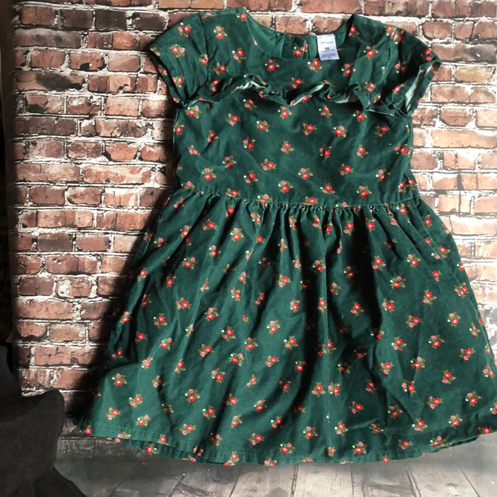 Carter’s corduroy hunter green with red and pink flower dress 4t